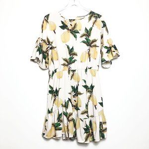 Yellow Lemon Printed Flounce Sleeve Ruffled Dress